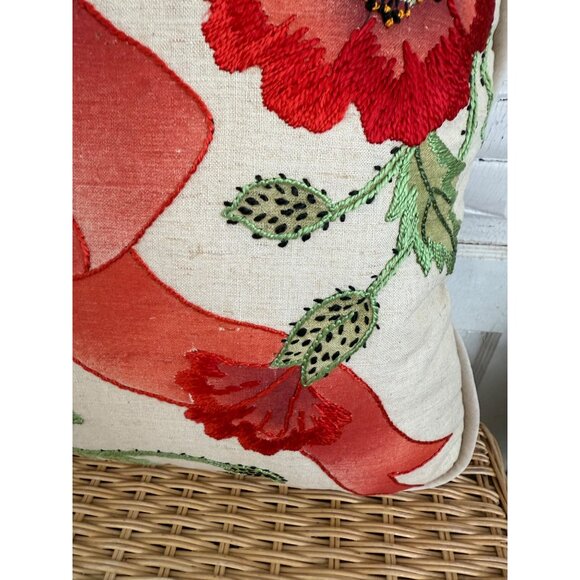 Vintage MCM Accent Pillow Linen Embroidered Red Poppy Flowers Bow 17x17" - Picture 6 of 11